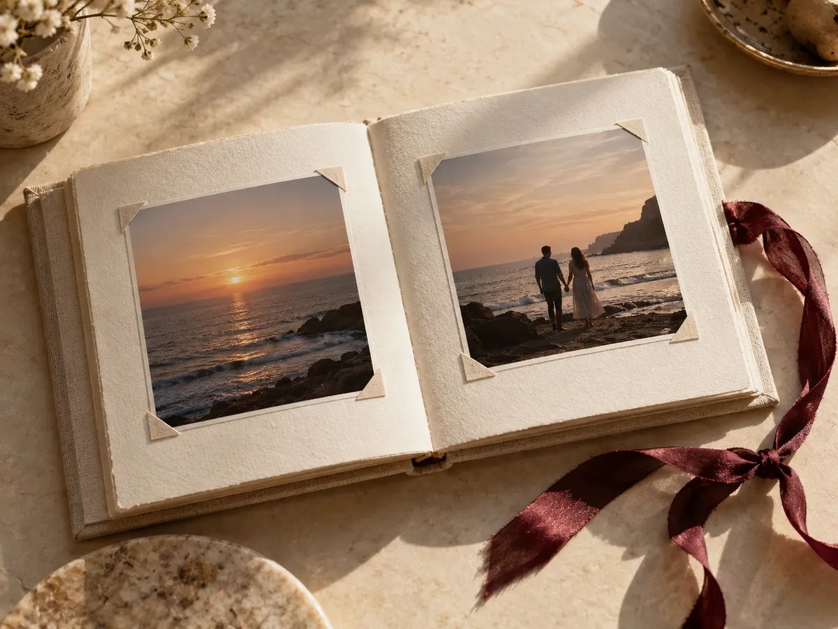 Album kenangan dengan foto pantai dan pita burgundy