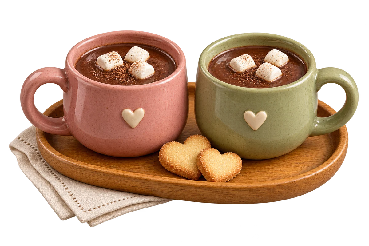 Dua cangkir keramik merah muda dan hijau berisi cokelat hangat dengan marshmallow, di atas baki kayu bersama biskuit berbentuk hati