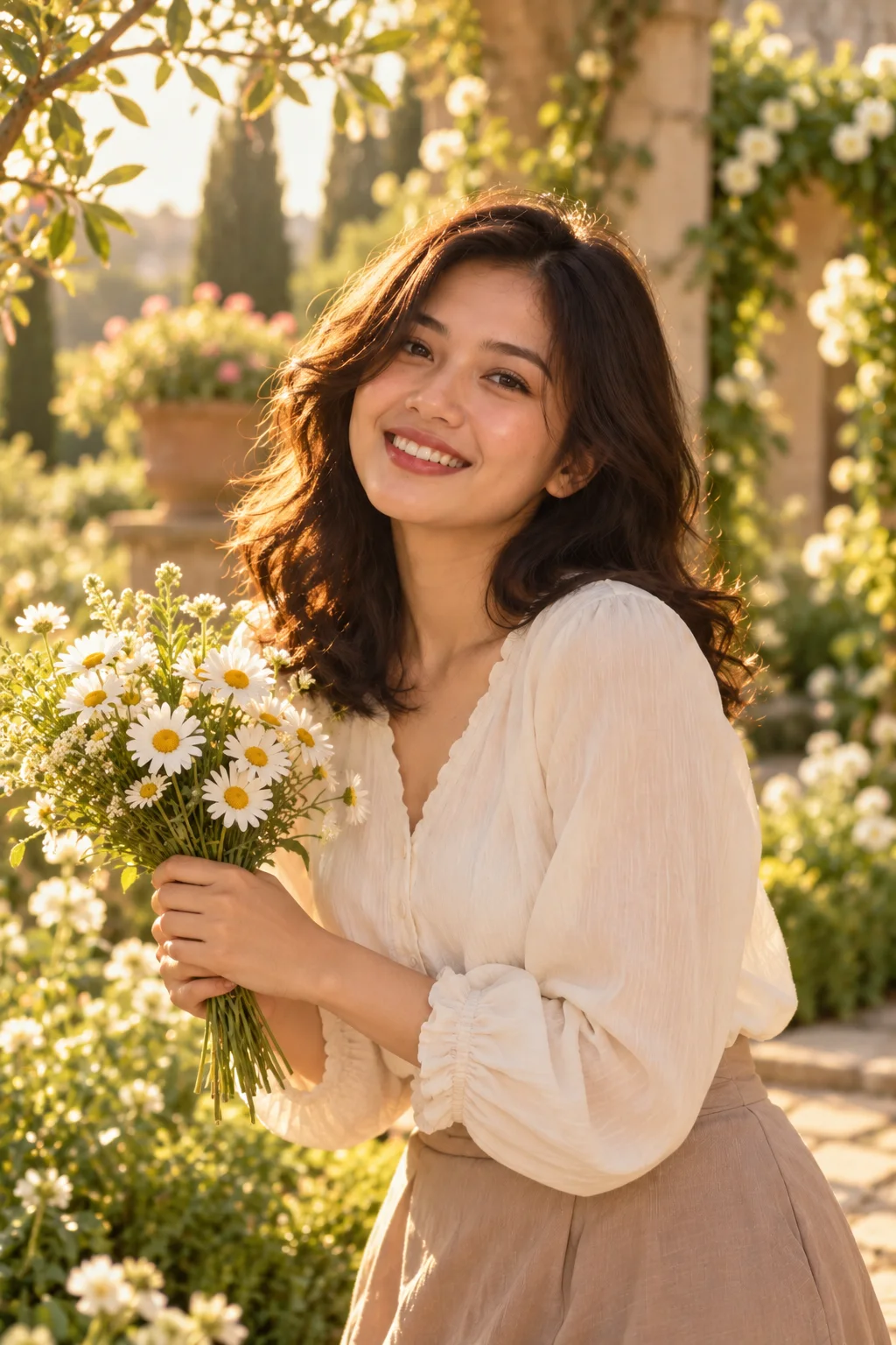 Yura membawa bunga daisy di taman