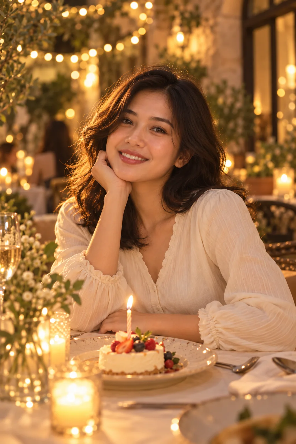 Yura tersenyum saat makan malam di kafe